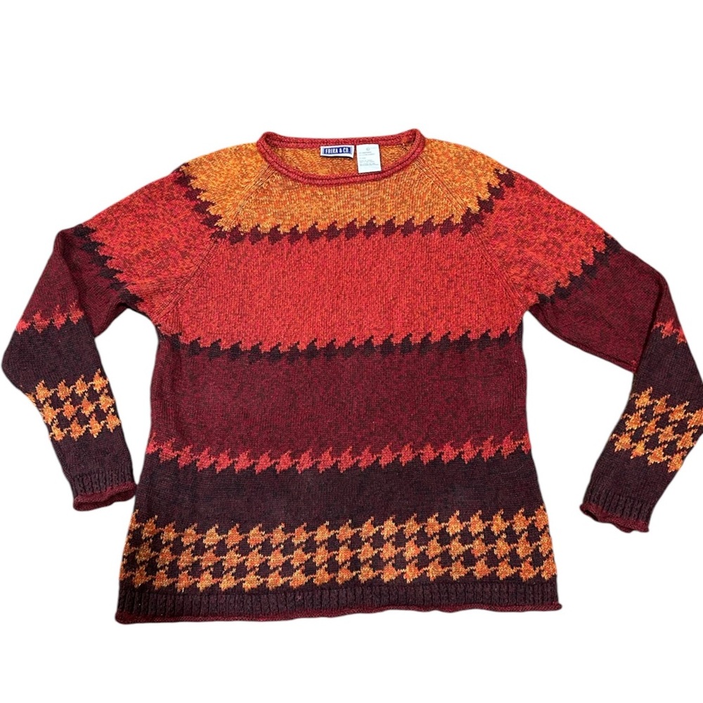 Erika & Co Orange Brown Colorblock Houndstooth Sweater Sz XL Y2K Fall
